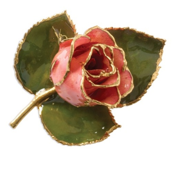 24k Gold Trimmed Lacquer Dipped Pink Rose on Leaf Pin Brooch Boutonniere forever - Picture 1 of 2
